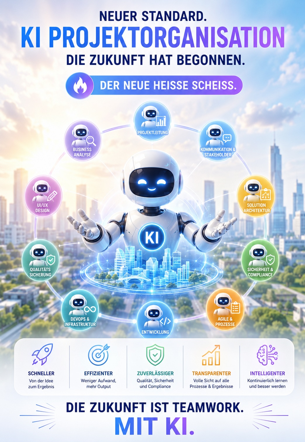 KI Projektorganisation Grafik mit Rollen, Prozessen und KI-Zusammenarbeit