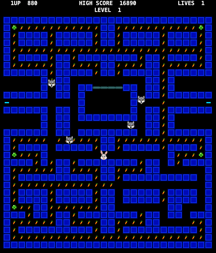 RabbitRUNNER Spielfeld mit Karotten, Kleeblättern, Hase und Wölfen