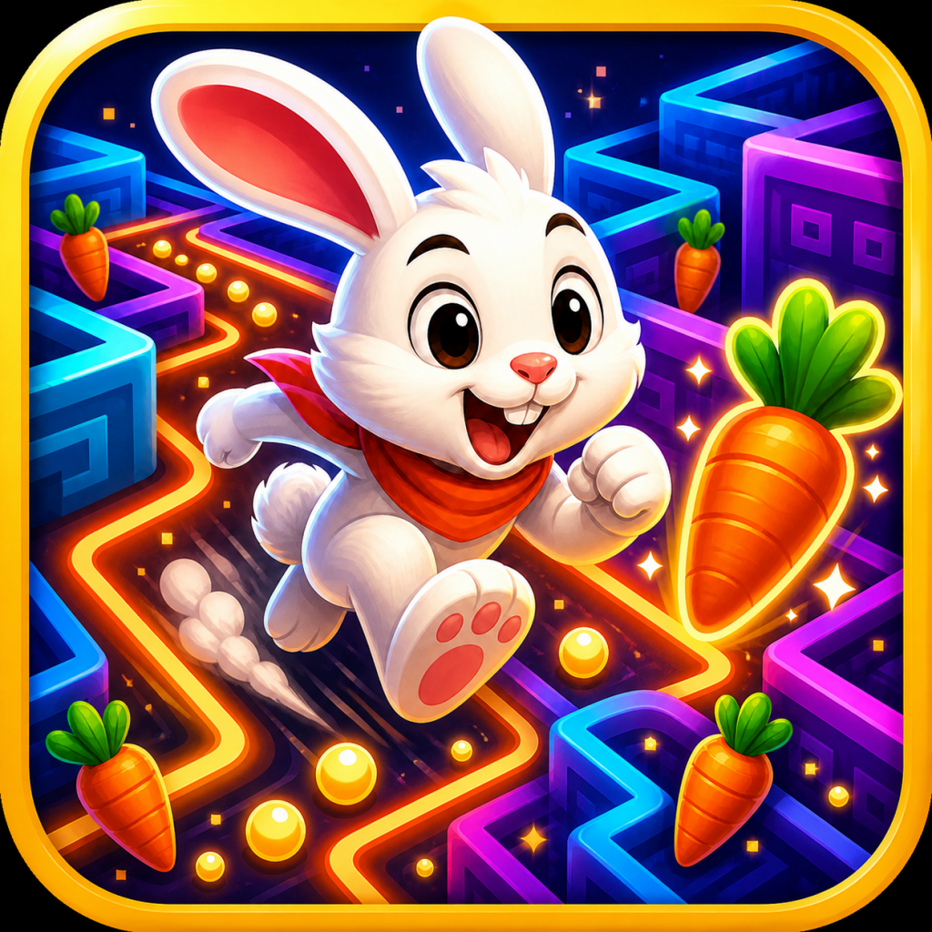RabbitRUNNER App-Icon mit Hase im Neon-Labyrinth
