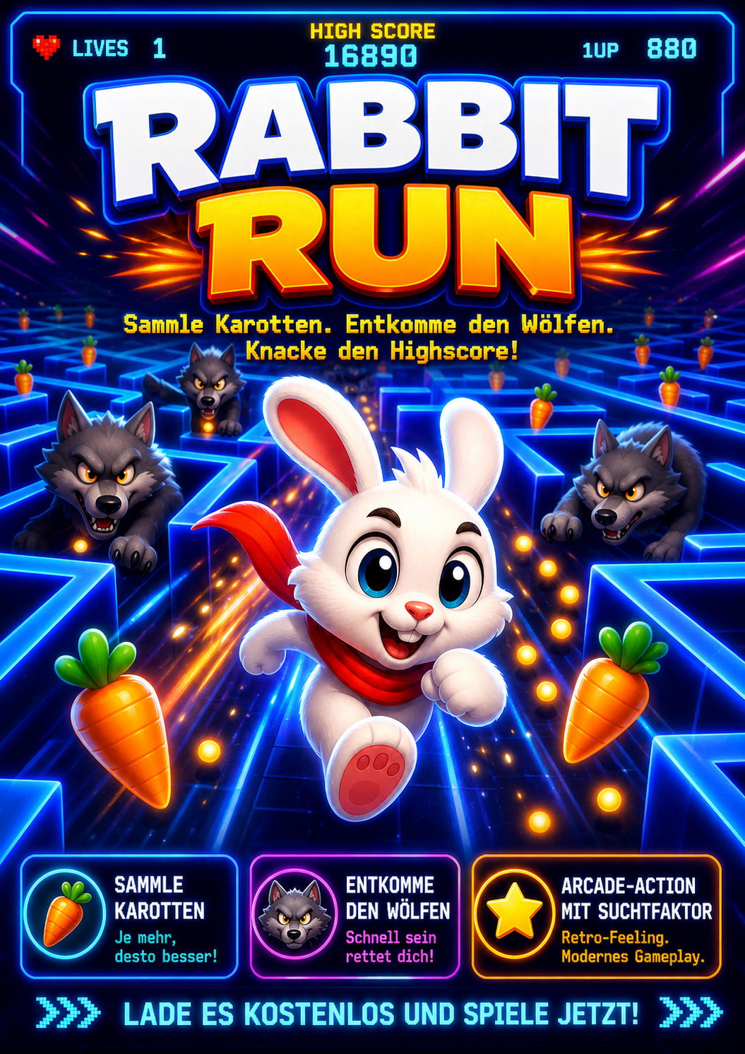RabbitRUNNER Poster mit Hase, Wölfen und Neon-Labyrinth