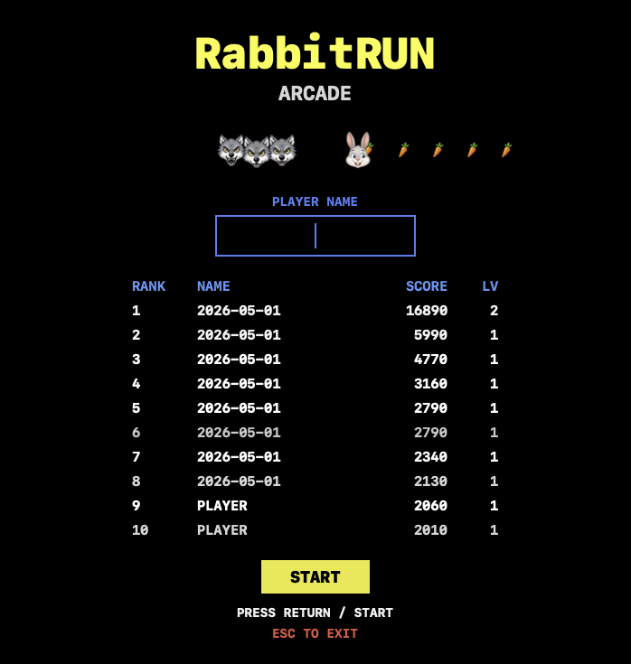 RabbitRUNNER Startscreen mit Namenseingabe und Highscore-Liste